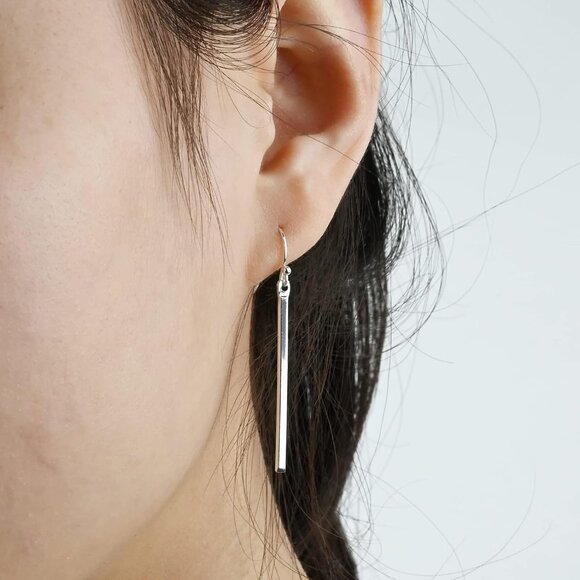 Handmade 925 Sterling Silver Dangle Earrings Hypoallergenic Stick Drop Long Vert - Picture 3 of 6